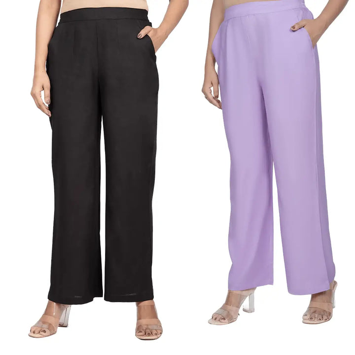 Viscose Palazzo Pants Combo - Black & Lavender (Pack of 2)