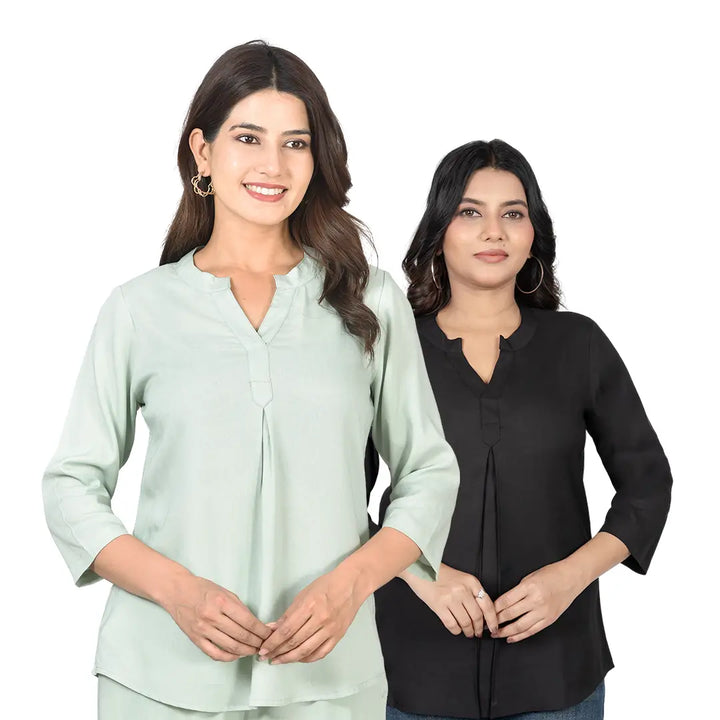 Viscose Pleated Top Combo – Pista Green & Black