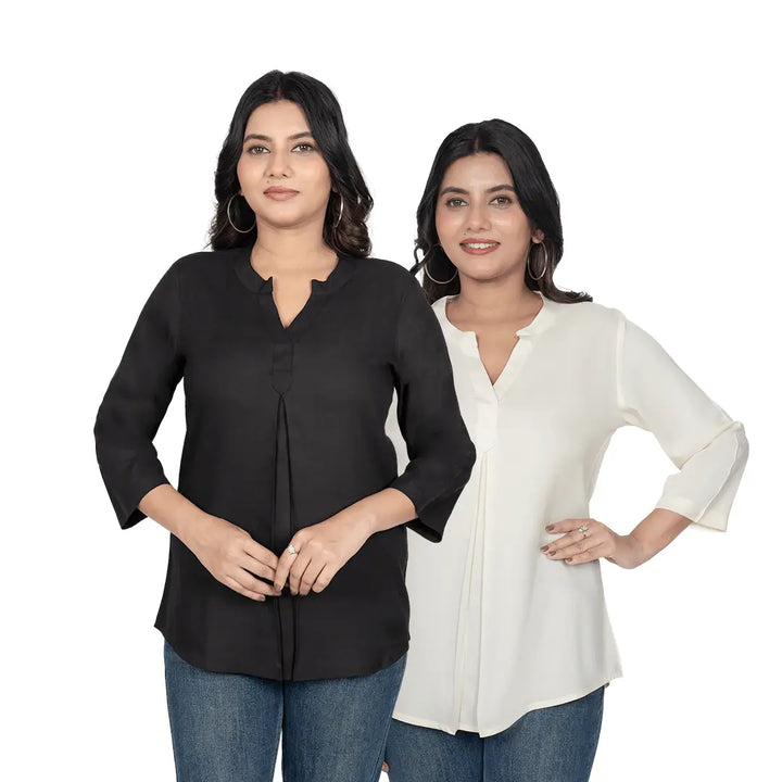 Viscose Pleated Top Combo – Black & Cream (Pack of 2)