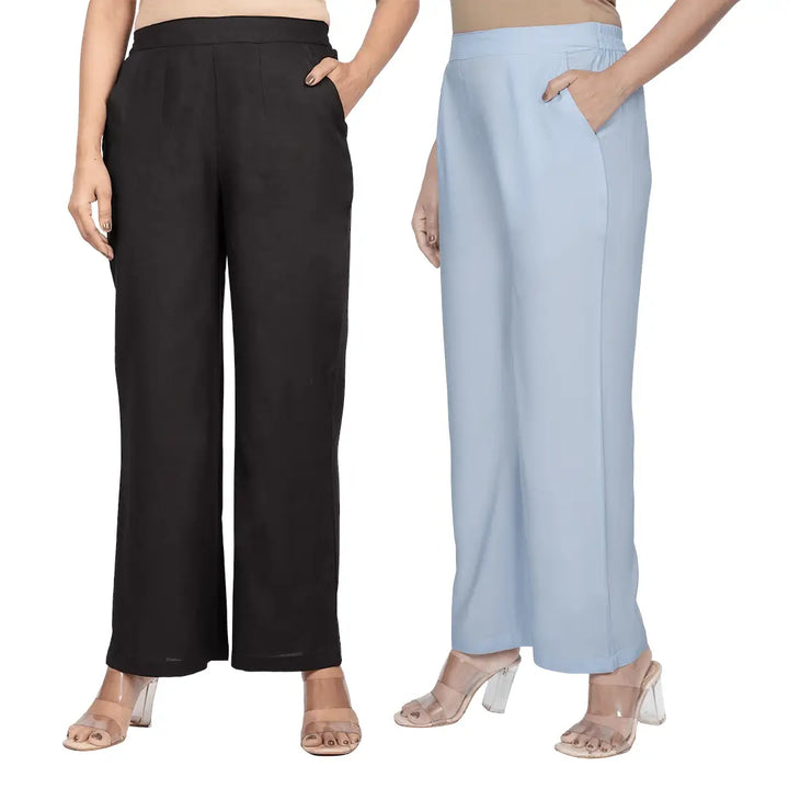 Viscose Palazzo Pants Combo - Black & Powder Blue (Pack of 2)