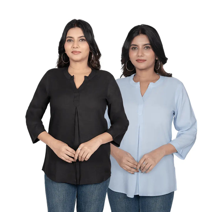 Viscose Pleated Top Combo – Black & Powder Blue (Pack of 2)
