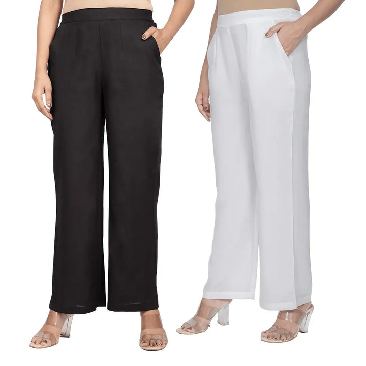 Viscose Palazzo Pants Combo - Black & White (Pack of 2)