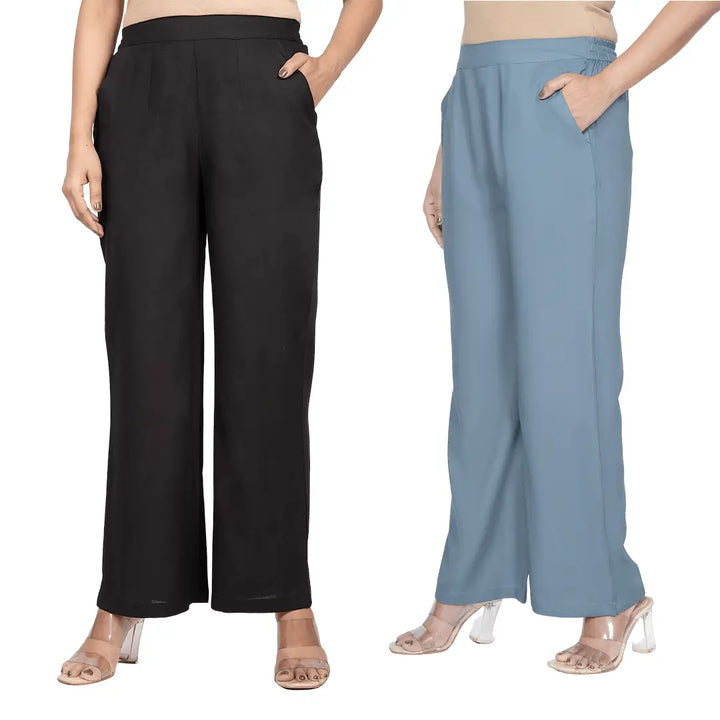 Viscose Palazzo Pants Combo - Black & Blue Grey (Pack of 2)