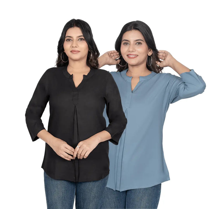 Viscose Pleated Top Combo – Black & Blue Grey (Pack of 2)