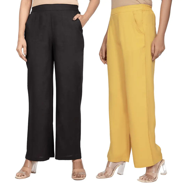 Viscose Palazzo Pants Combo - Black & Mustard (Pack of 2)