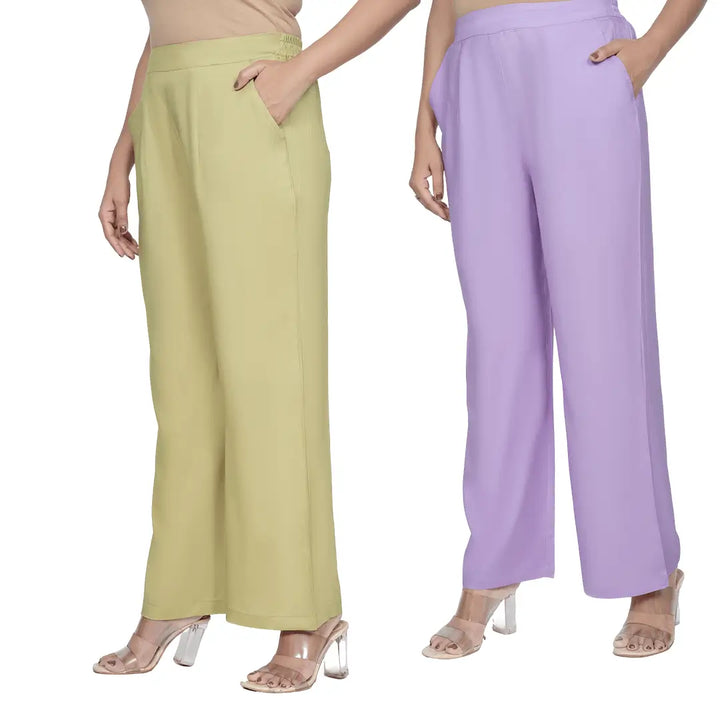Viscose Palazzo Pants Combo - Olive Green & Lavender (Pack of 2)