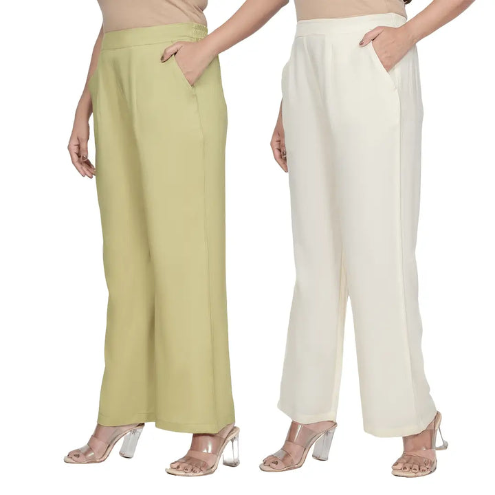 Viscose Palazzo Pants Combo - Olive Green & Cream (Pack of 2)