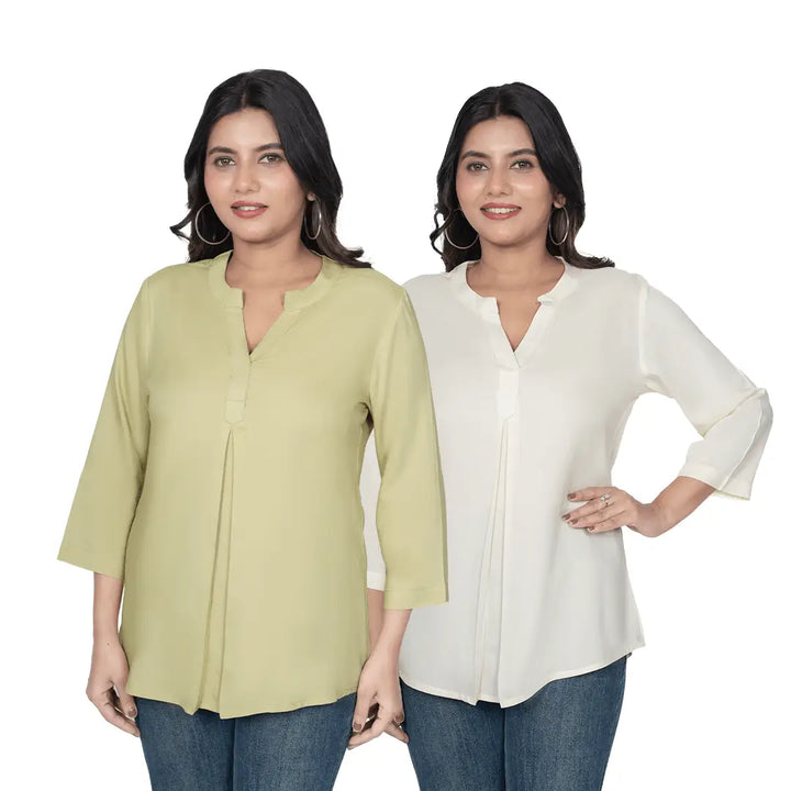 Viscose Pleated Top Combo – Olive Green & Cream (Pack of 2)
