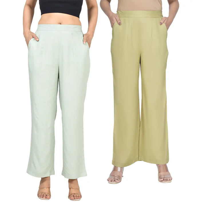 Viscose Palazzo Pants Combo - Pista Green & Olive Green