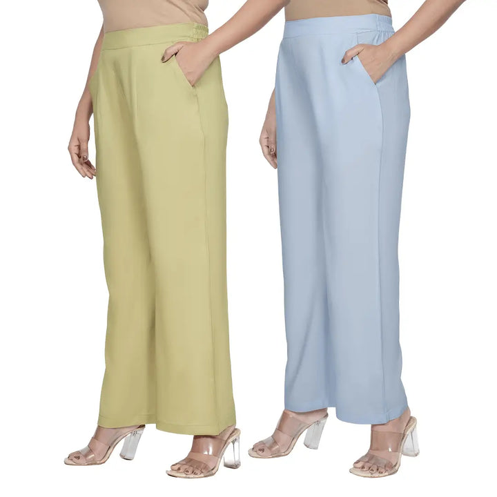 Viscose Palazzo Pants Combo - Olive Green & Powder Blue (Pack of 2)