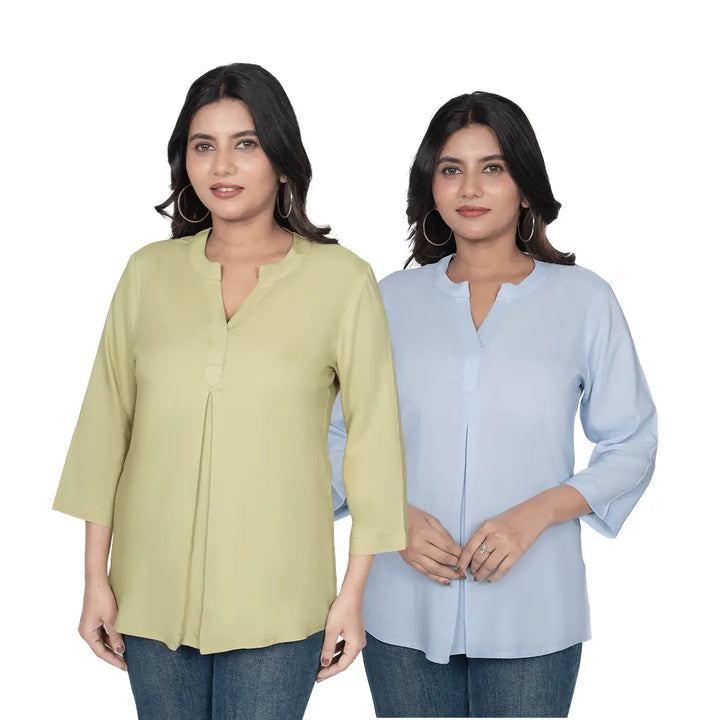 Viscose Pleated Top Combo – Olive Green & Powder Blue (Pack of 2)