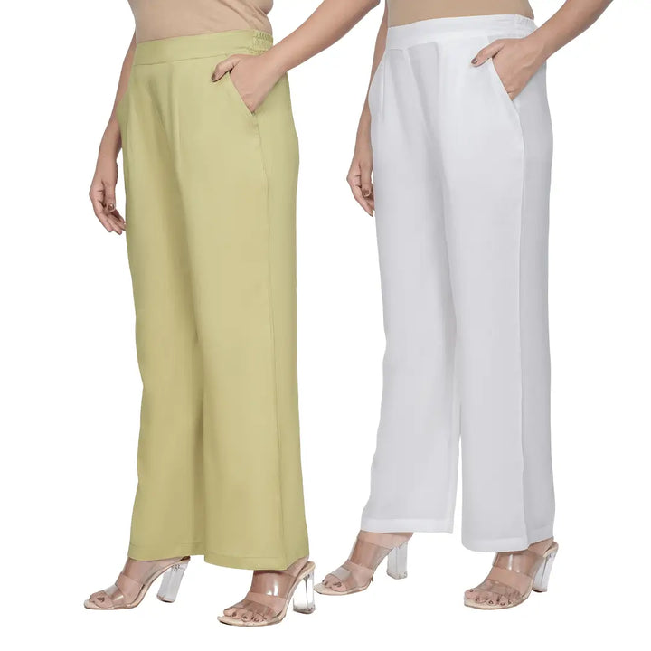 Viscose Palazzo Pants Combo - Olive Green & White (Pack of 2)