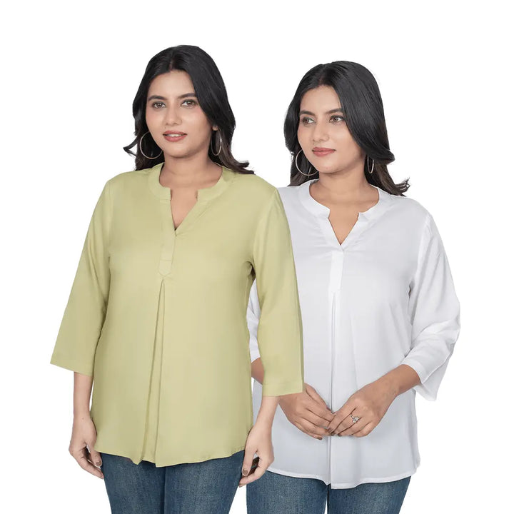 Viscose Pleated Top Combo – Olive Green & White (Pack of 2)