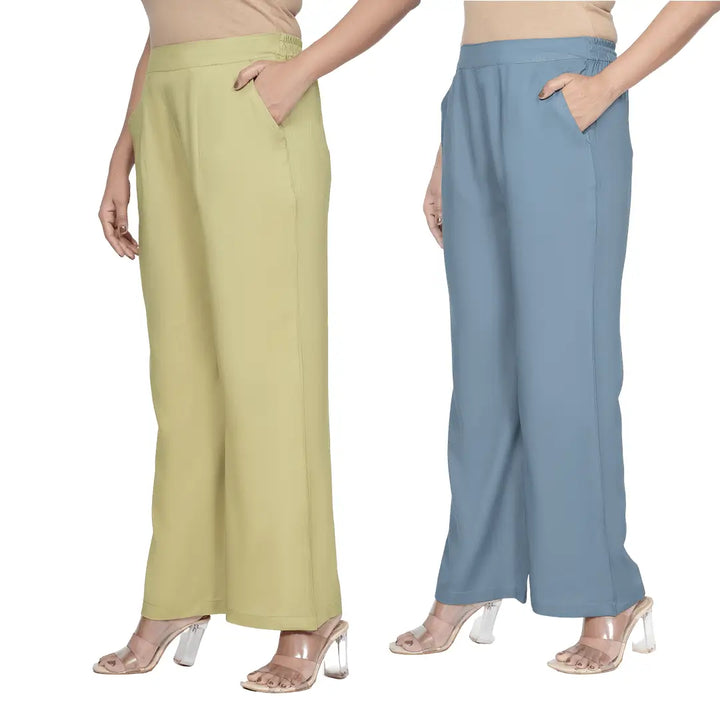 Viscose Palazzo Pants Combo - Olive Green & Blue Grey (Pack of 2)