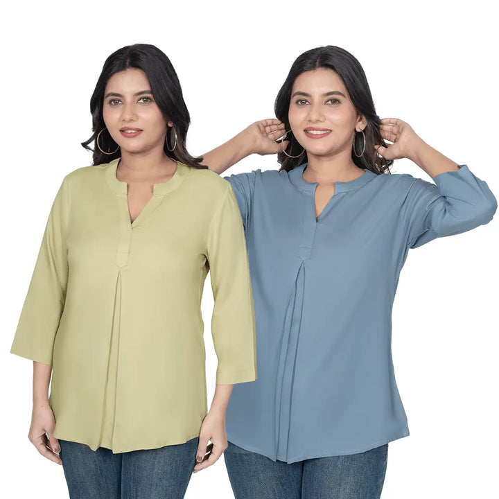 Viscose Pleated Top Combo – Olive Green & Blue Grey (Pack of 2)