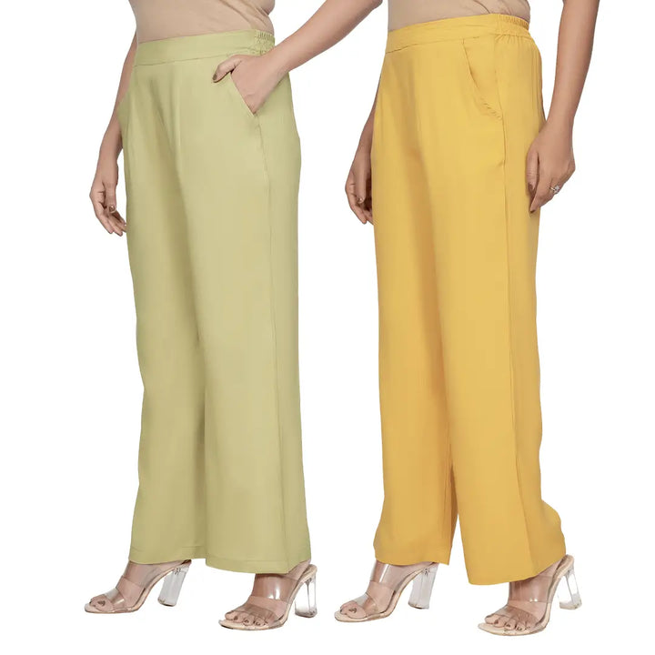 Viscose Palazzo Pants Combo - Olive Green & Mustard (Pack of 2)