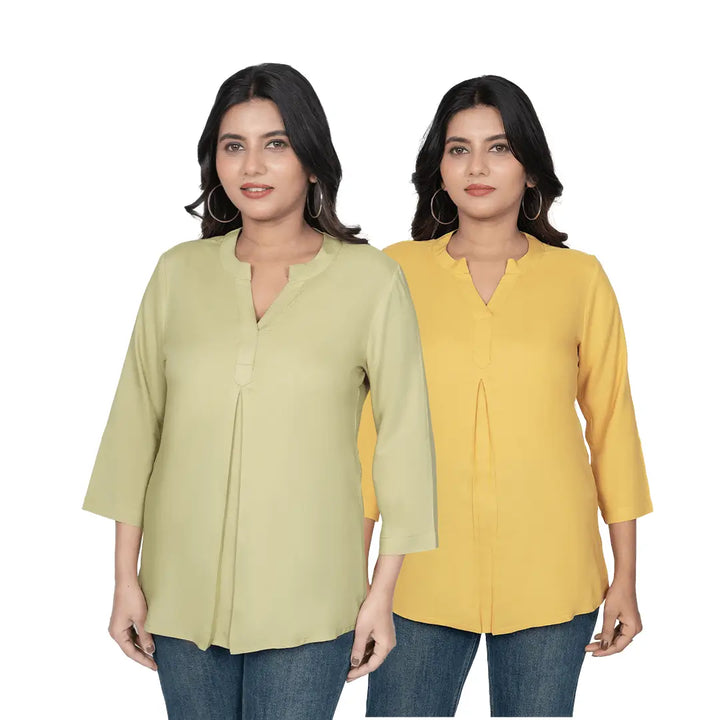 Viscose Pleated Top Combo – Olive Green & Mustard (Pack of 2)