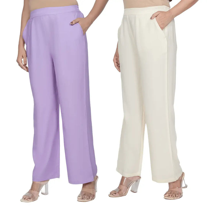 Viscose Palazzo Pants Combo - Lavender & Cream (Pack of 2)