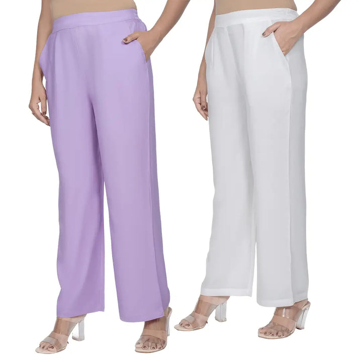 Viscose Palazzo Pants Combo - Lavender & White (Pack of 2)