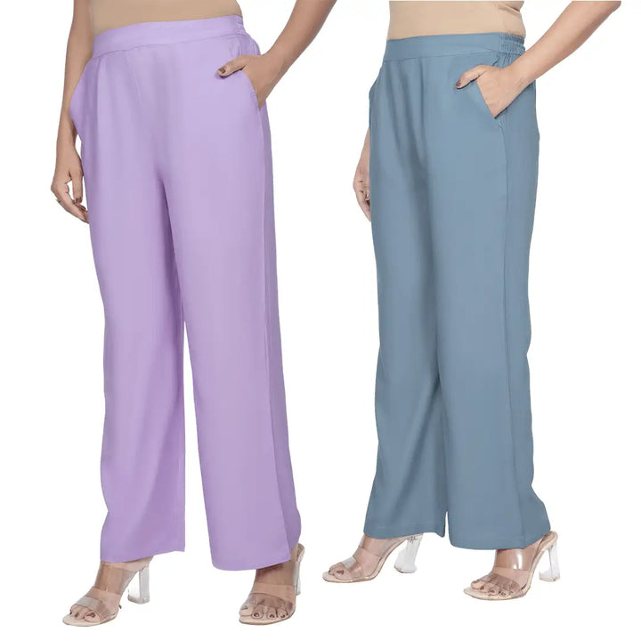 Viscose Palazzo Pants Combo - Blue Grey & Lavender (Pack of 2)