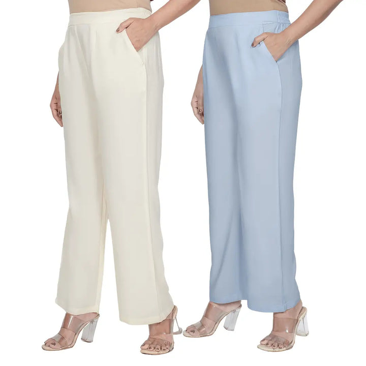 Viscose Palazzo Pants Combo - Cream & Powder Blue (Pack of 2)