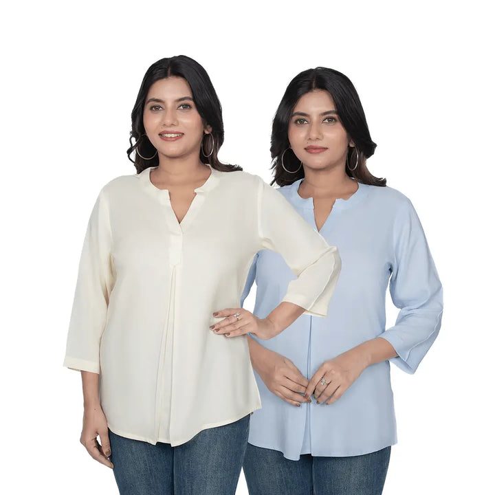 Viscose Pleated Top Combo – Cream & Powder Blue (Pack of 2)