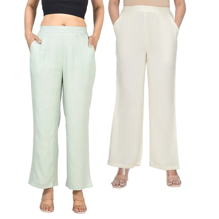 Viscose Palazzo Pants Combo - Pista Green & Cream