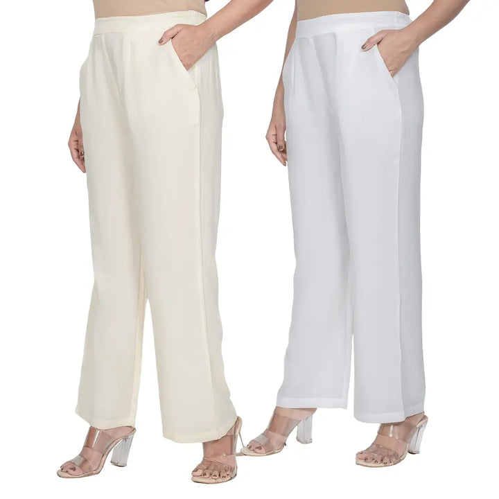 Viscose Palazzo Pants Combo - Cream & White (Pack of 2)