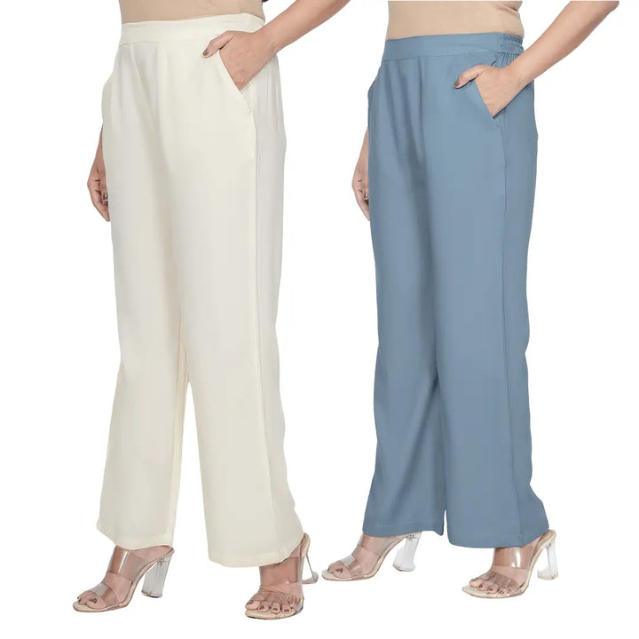 Viscose Palazzo Pants Combo - Blue Grey & Cream (Pack of 2)