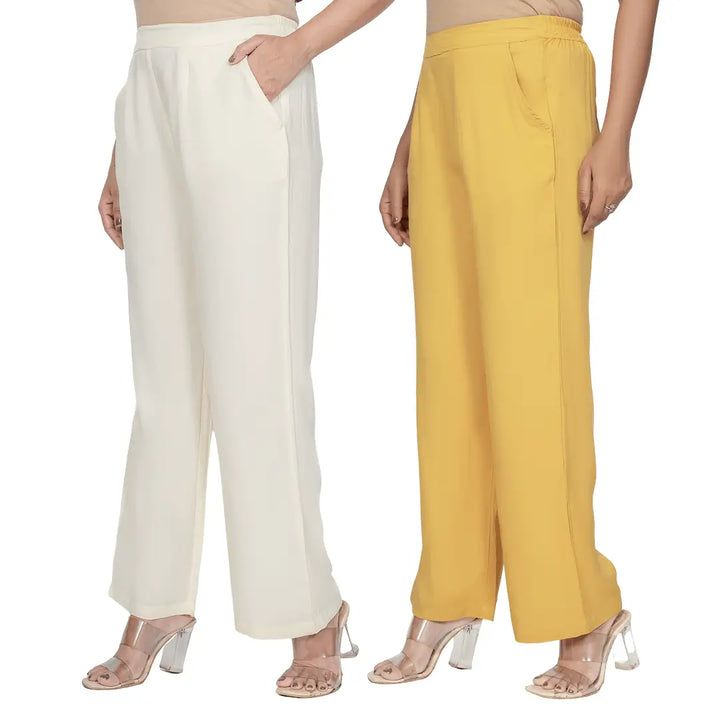 Viscose Palazzo Pants Combo - Cream & Mustard (Pack of 2)