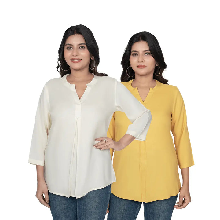 Viscose Pleated Top Combo – Cream & Mustard (Pack of 2)