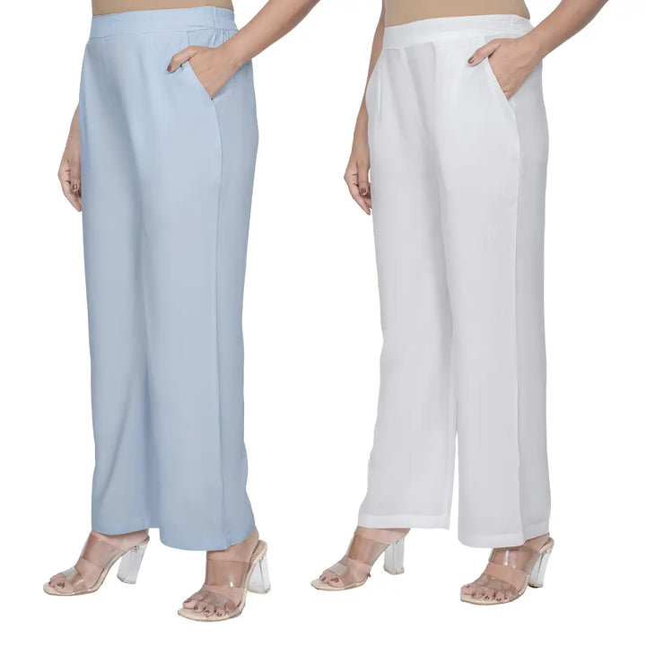 Viscose Palazzo Pants Combo - Powder Blue & White (Pack of 2)