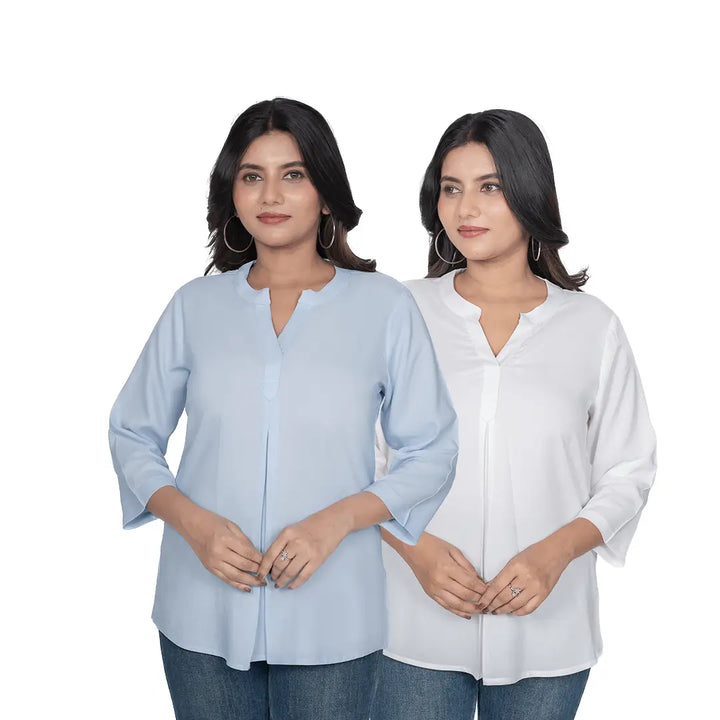 Viscose Pleated Top Combo – Powder Blue & White (Pack of 2)