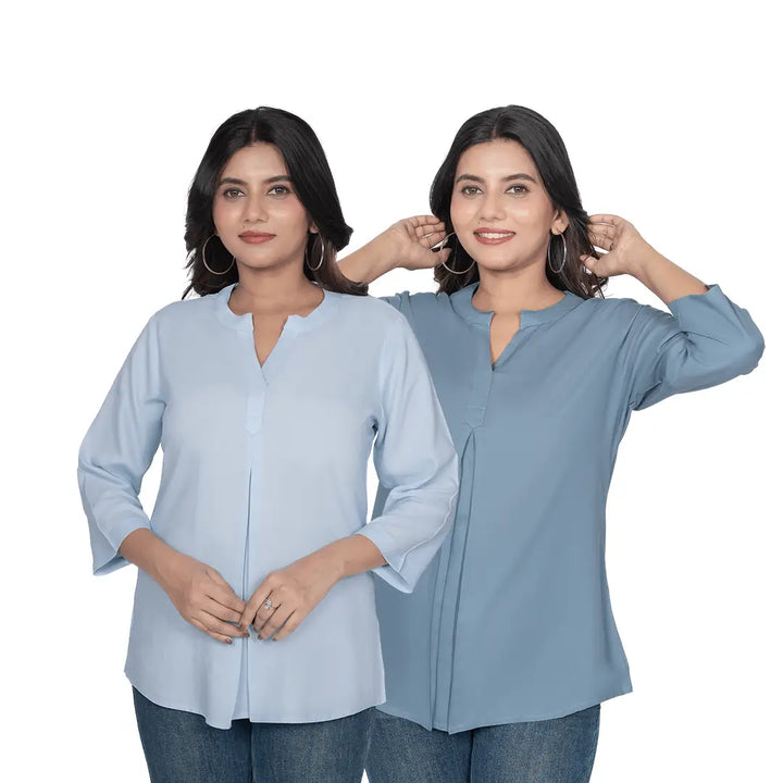 Viscose Pleated Top Combo – Powder Blue & Blue Grey (Pack of 2)