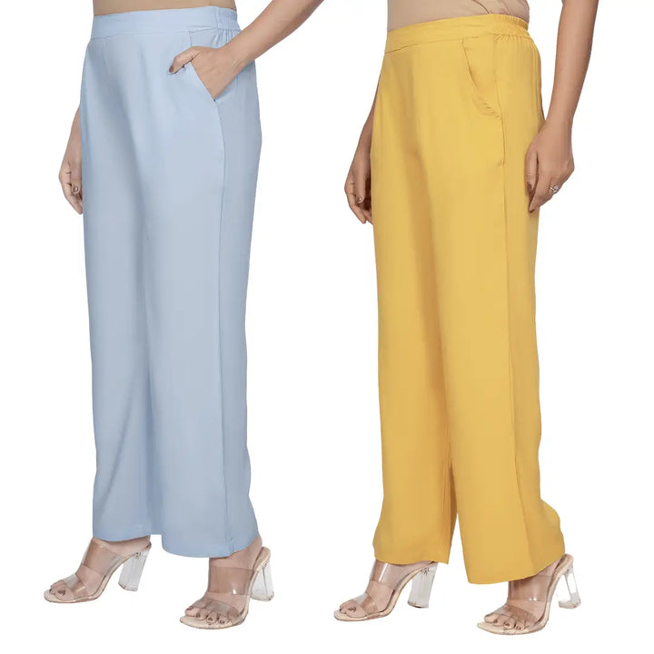 Viscose Palazzo Pants Combo - Powder Blue & Mustard (Pack of 2)