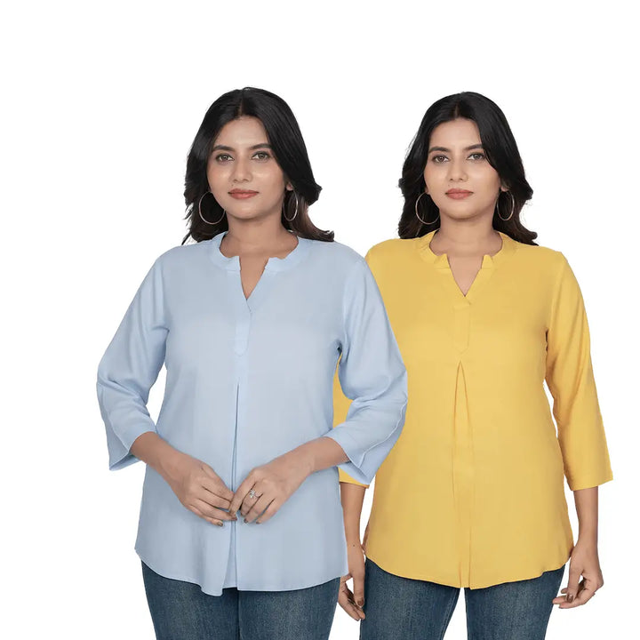 Viscose Pleated Top Combo – Powder Blue & Mustard (Pack of 2)
