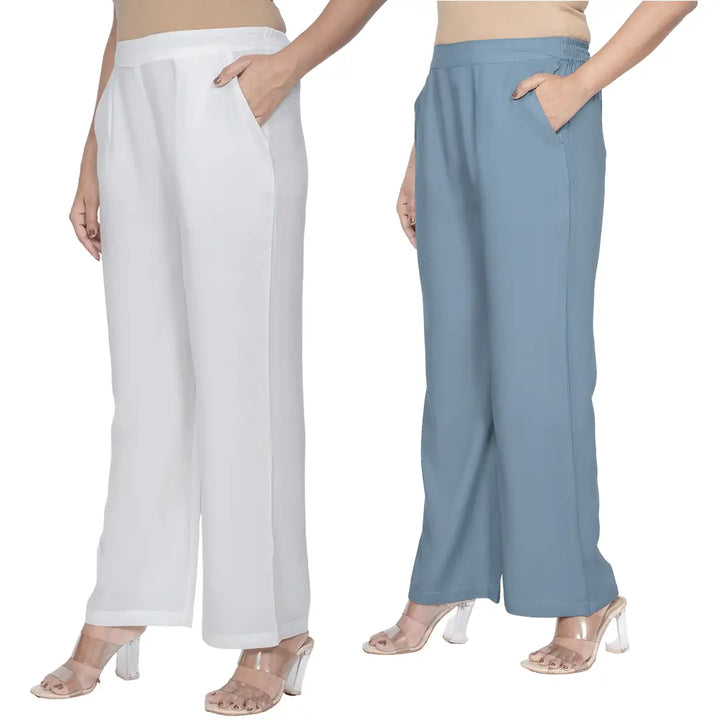 Viscose Palazzo Pants Combo - White & Blue Grey (Pack of 2)