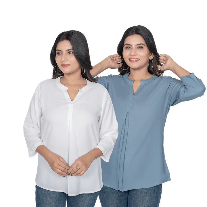 Viscose Pleated Top Combo – White & Blue Grey (Pack of 2)