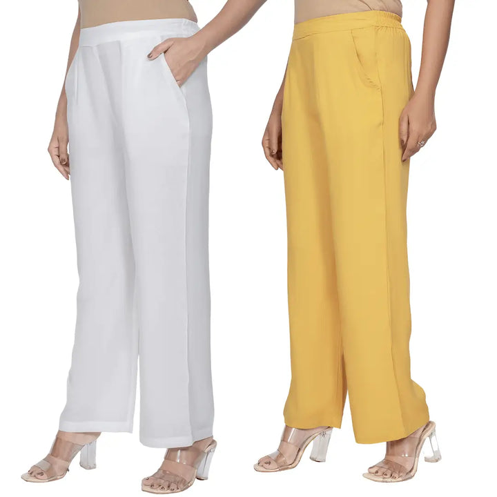 Viscose Palazzo Pants Combo - White & Mustard (Pack of 2)