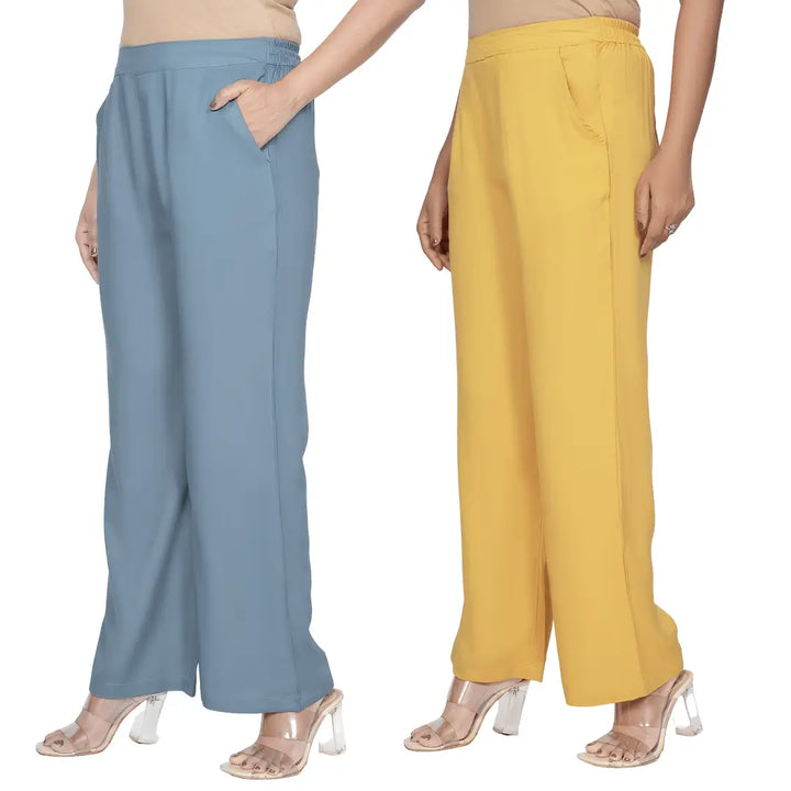 Viscose Palazzo Pants Combo - Blue Grey & Mustard (Pack of 2)