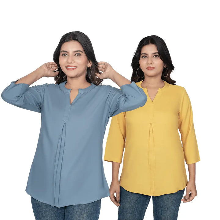 Viscose Pleated Top Combo – Blue Grey & Mustard (Pack of 2)