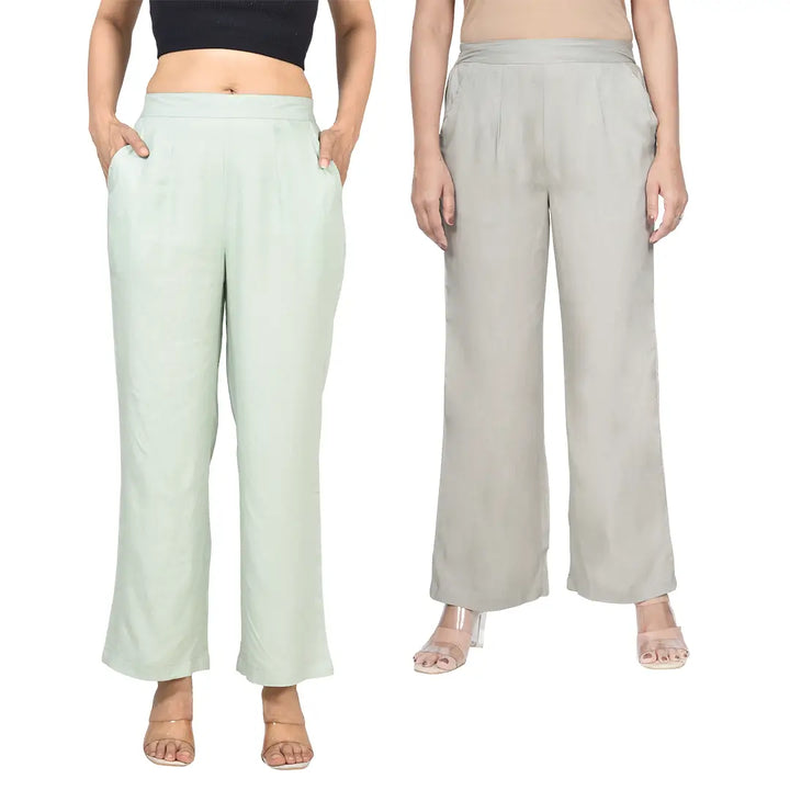 Viscose Palazzo Pants Combo - Pista Green & Grey