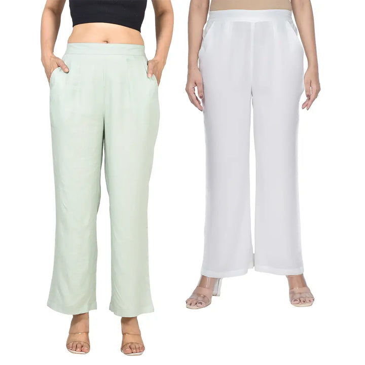 Viscose Palazzo Pants Combo - Pista Green & White