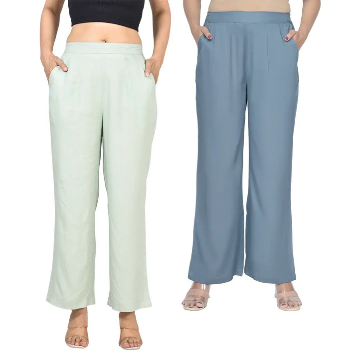 Viscose Palazzo Pants Combo - Pista Green & Blue Grey
