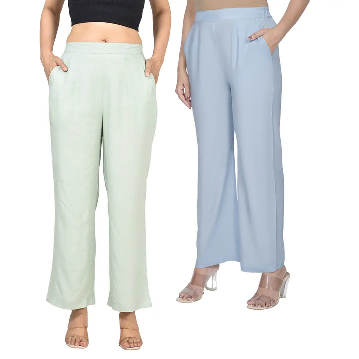 Viscose Palazzo Pants Combo - Pista Green & Powder Blue