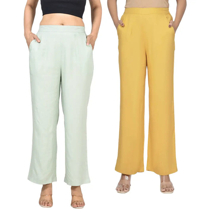 Viscose Palazzo Pants Combo - Pista Green & Mustard