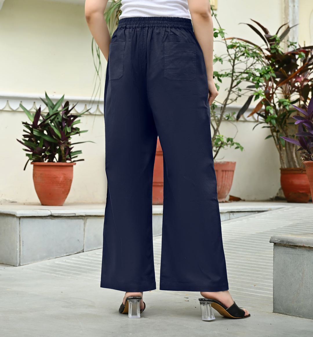 Navi Blue Airy Linen Wide leg Pants