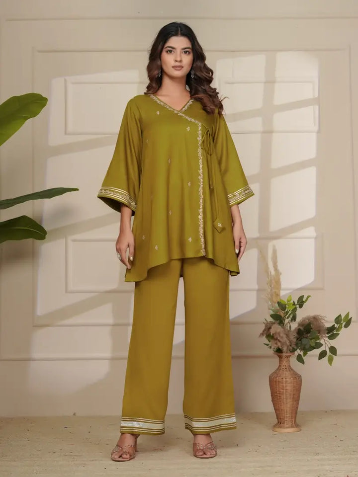 Deep Olive Silk Embroidered Angrakha Style Co-ord Set