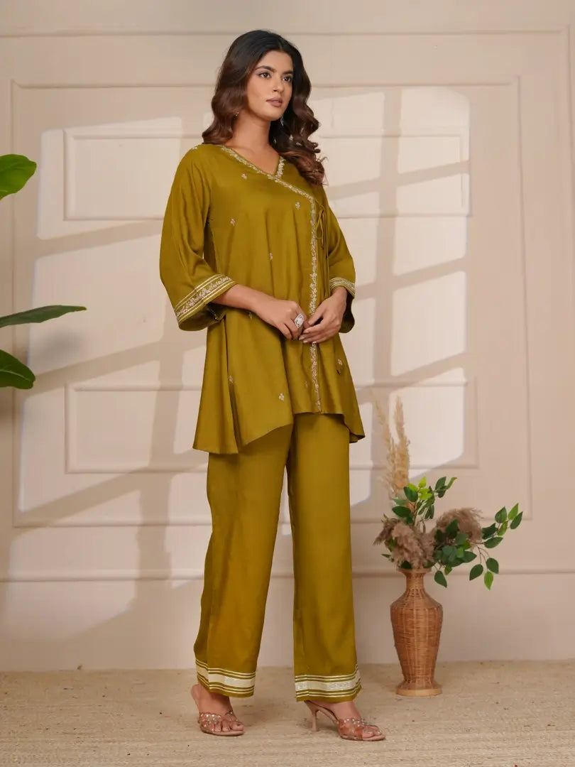 Deep Olive Silk Embroidered Angrakha Style Co-ord Set