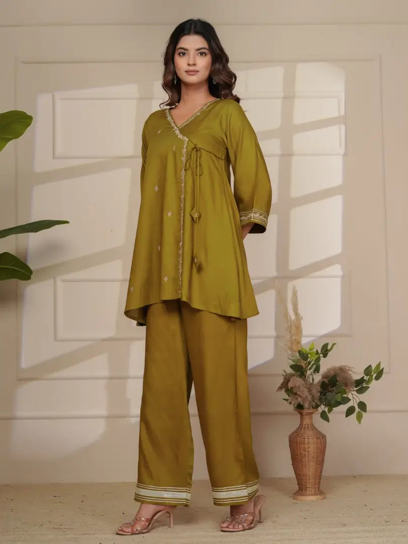 Deep Olive Silk Embroidered Angrakha Style Co-ord Set